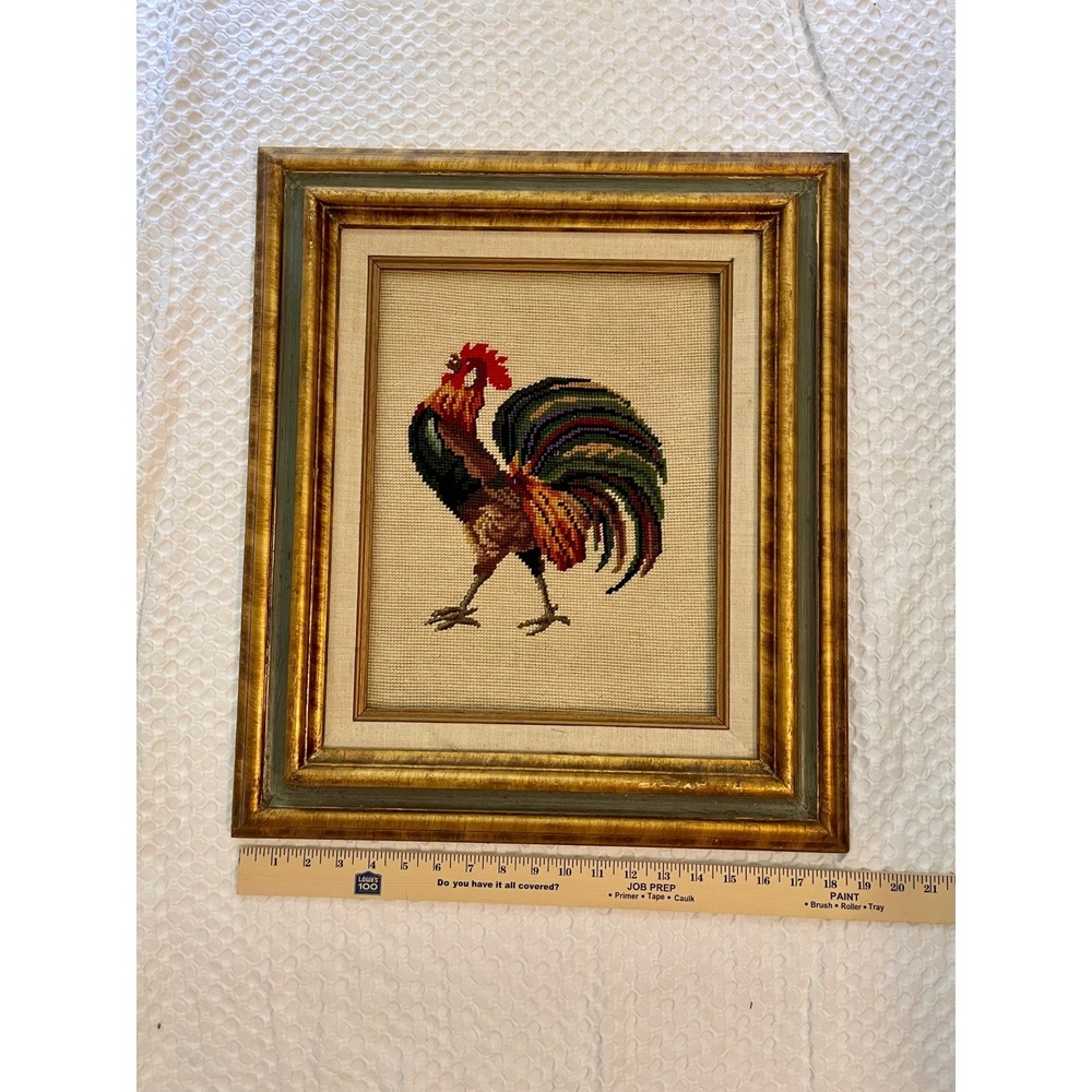 Vintage Framed Rooster Needlepoint Textile Art Gilt Wood Frame Farmhouse Decor - Picture 3 of 7
